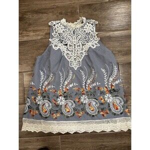 Anthropologie Women’s Entro Size L Crochet & Blue Check Top With High Neck